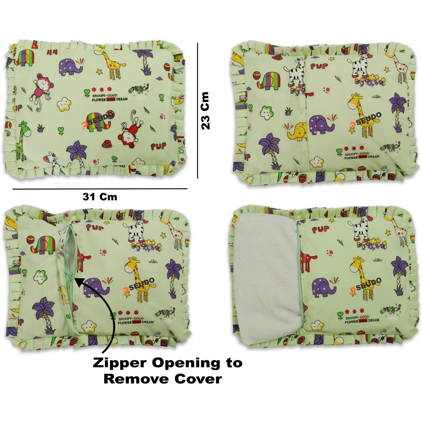 Sage Green Jungle Animal Print Cotton Mustard Seed Baby Pillow with Ruffled Border