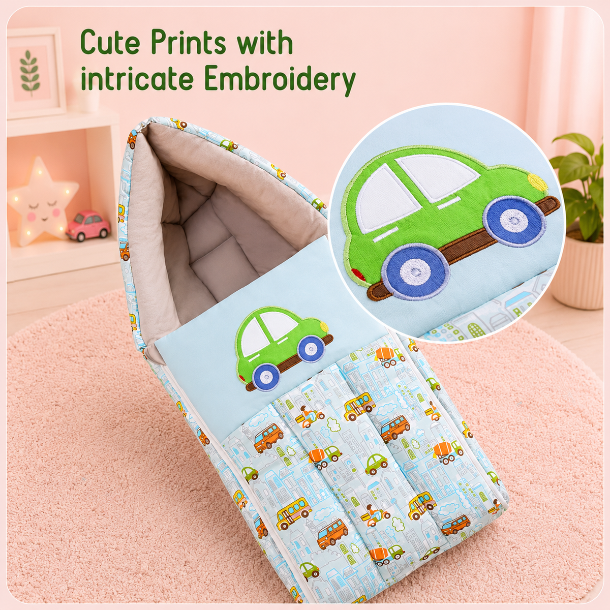 Green Car Print Baby Carry Nest Portable Baby Bed & Sleeping Bag