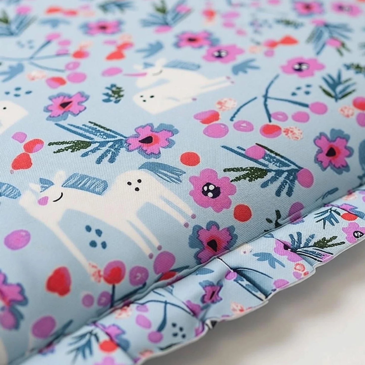 Blue Unicorn Cotton Floral Print Mustard Seed Baby Pillow with Ruffled Border