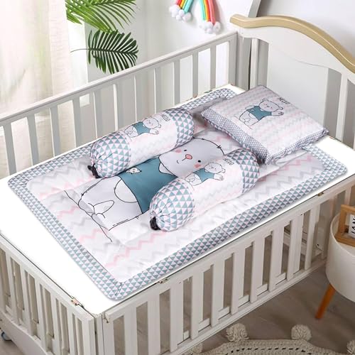 Grey, Pink, and White Cotton Baby Bedding Set with Pillow and Bolsters