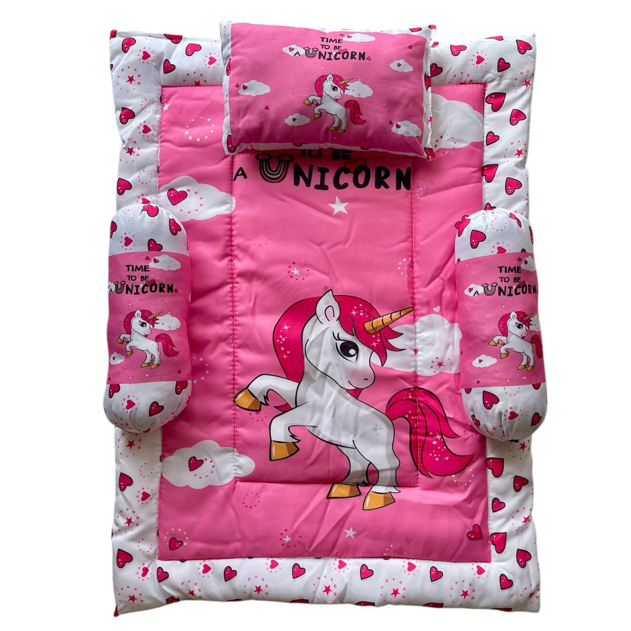 Pink and White Cotton Baby Bedding Set with Pillow and Bolsters