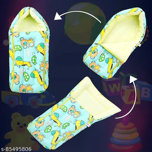 Aqua Blue and Pale Yellow Cotton Baby Sleeping Bag with Hood and Zip