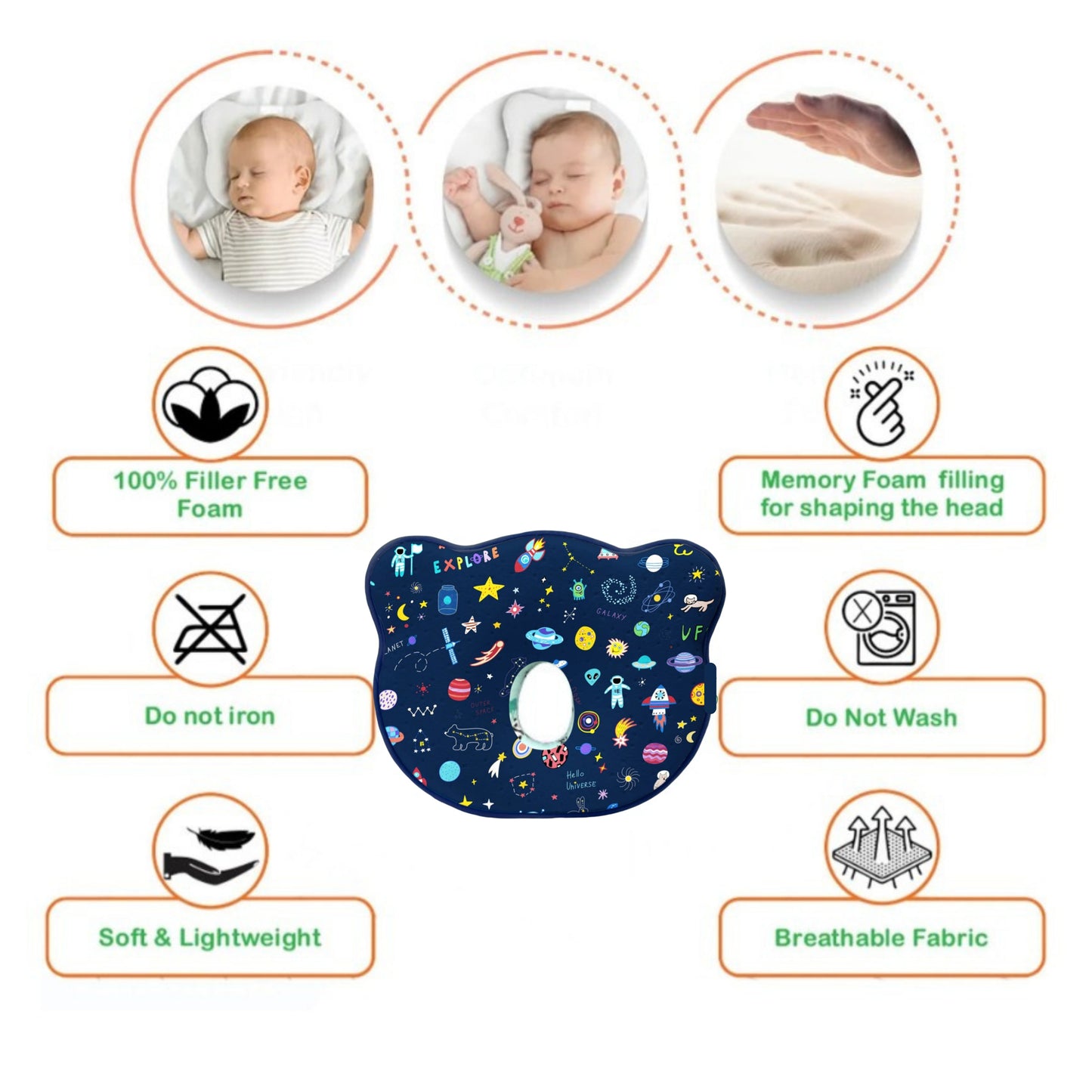 Navy Blue Space Explore Memory Foam Cotton Baby Pillow