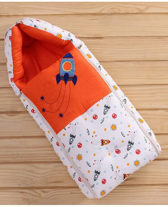 White and Orange Baby Sleeping Bag with Hood  and Zip