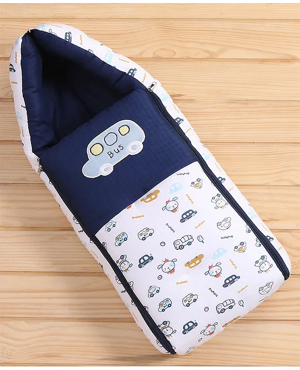 White and Navy Blue Cotton Baby Sleeping Bag with Hood and Zip