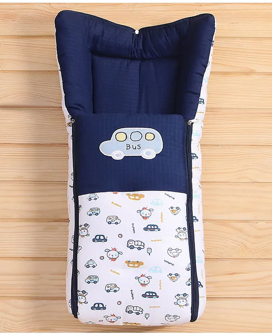 White and Navy Blue Cotton Baby Sleeping Bag with Hood and Zip