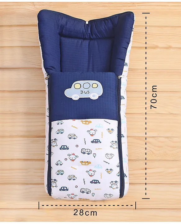 White and Navy Blue Cotton Baby Sleeping Bag with Hood and Zip
