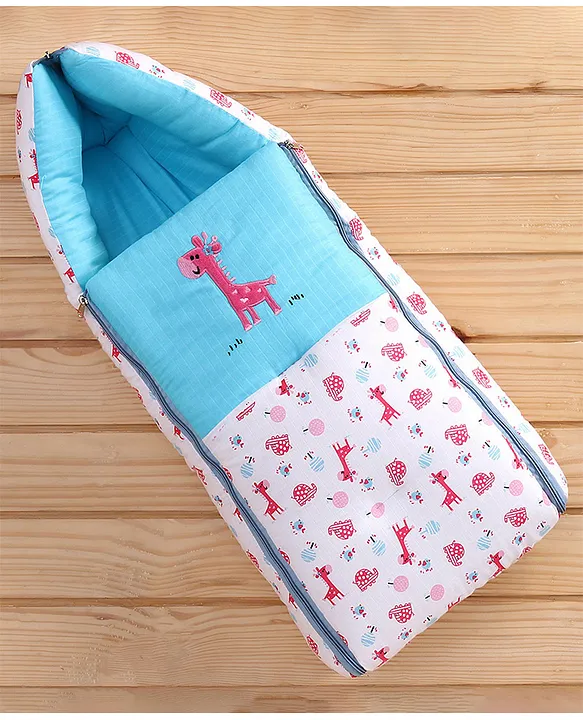 White and Light Blue Cotton Baby Sleeping Bag with Hood and Zip