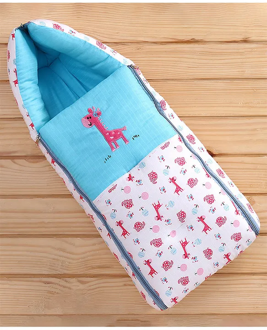White and Light Blue Cotton Baby Sleeping Bag with Hood and Zip