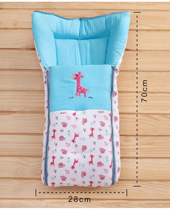 White and Light Blue Cotton Baby Sleeping Bag with Hood and Zip