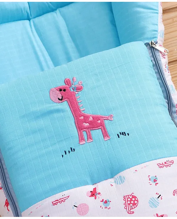 White and Light Blue Cotton Baby Sleeping Bag with Hood and Zip