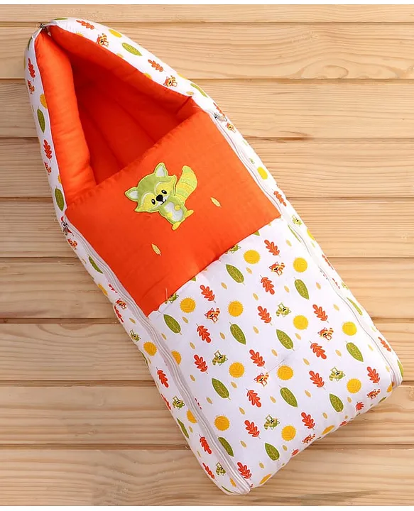 White and Orange Cotton Baby Sleeping Bag with Hood and Zip