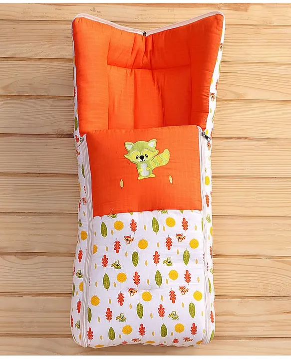 White and Orange Cotton Baby Sleeping Bag with Hood and Zip