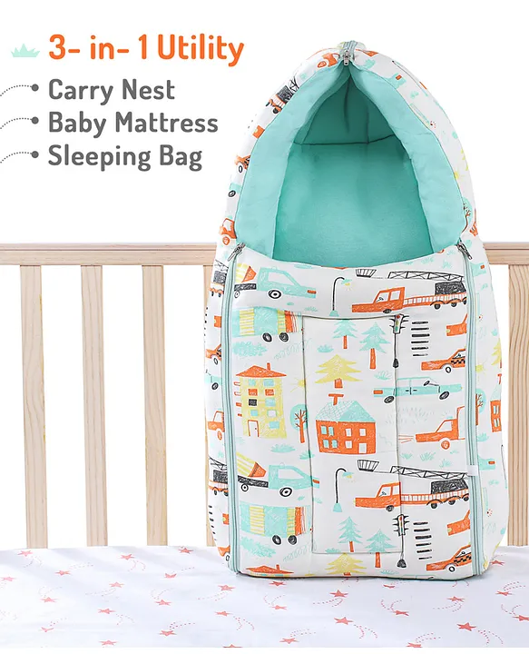 White and Mint Baby Sleeping Bag with Hood  and Zip