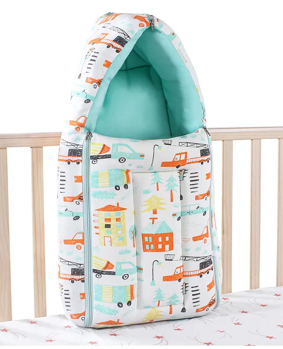 White and Mint Baby Sleeping Bag with Hood  and Zip