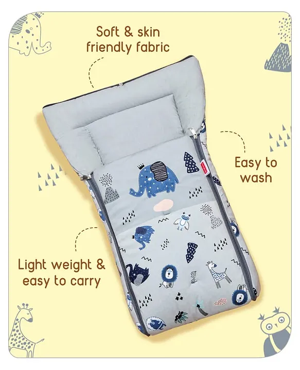 Light Blue-Grey Cotton Baby Sleeping Bag with Hood  and Zip