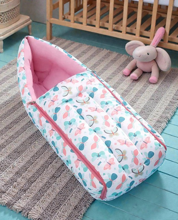 White and Pink Cotton Baby Sleeping Bag with Hood  and Zip