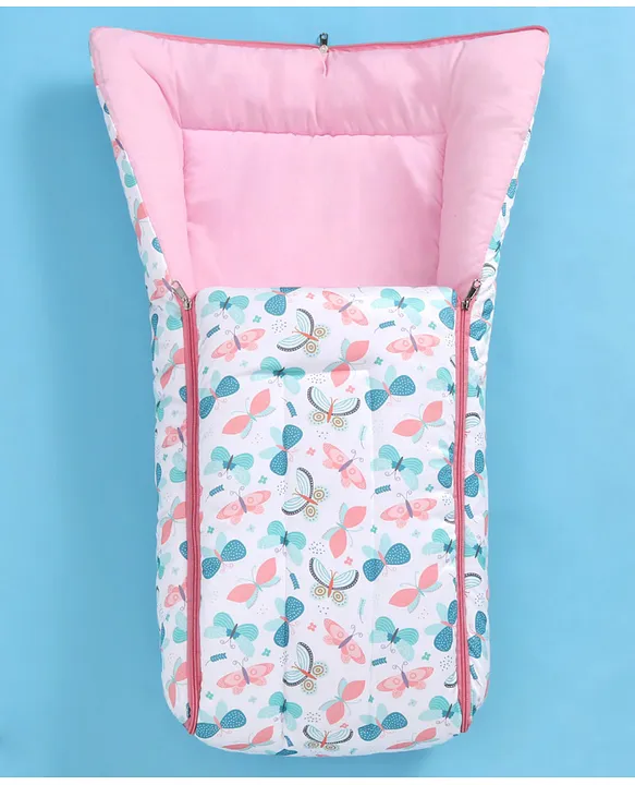 White and Pink Cotton Baby Sleeping Bag with Hood  and Zip