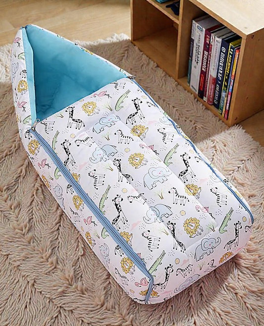 White and Teal cotton Baby Sleeping Bag with Hood  and Zip