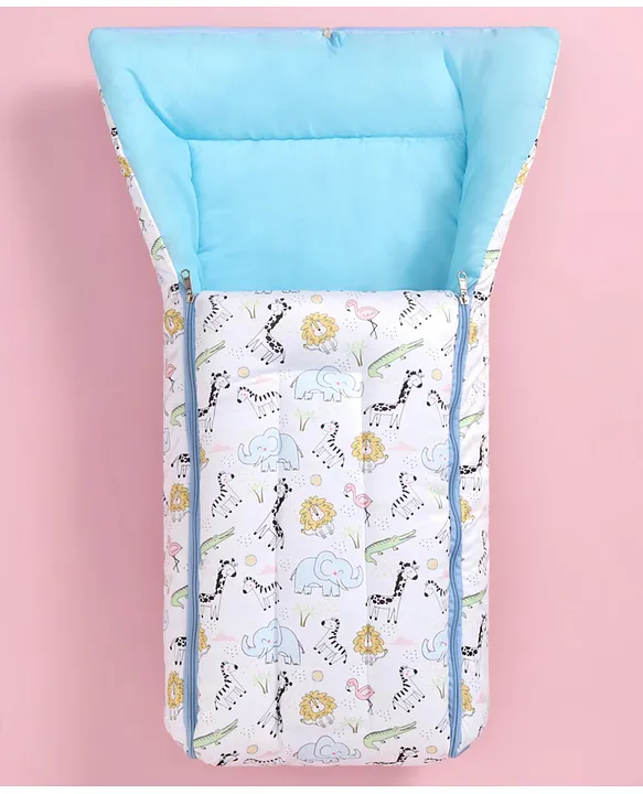White and Teal cotton Baby Sleeping Bag with Hood  and Zip