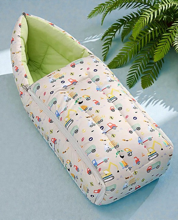 Cream and Light Green Cotton Baby Sleeping Bag with Hood  and Zip