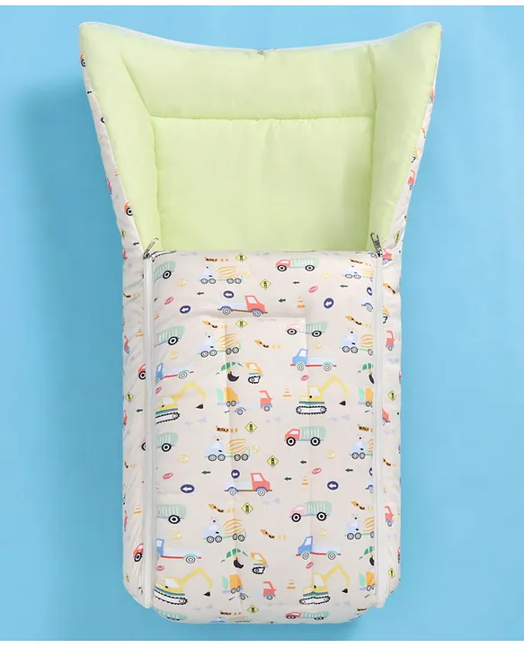 Cream and Light Green Cotton Baby Sleeping Bag with Hood  and Zip