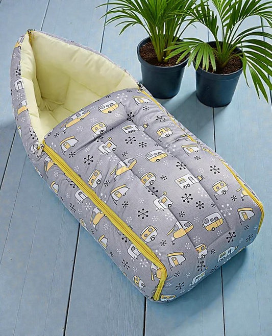 Grey and Pale Yellow Baby Sleeping Bag with Hood  and Zip
