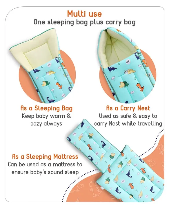 Mint Green and Yellow Cotton Baby Sleeping Bag with Hood  and Zip