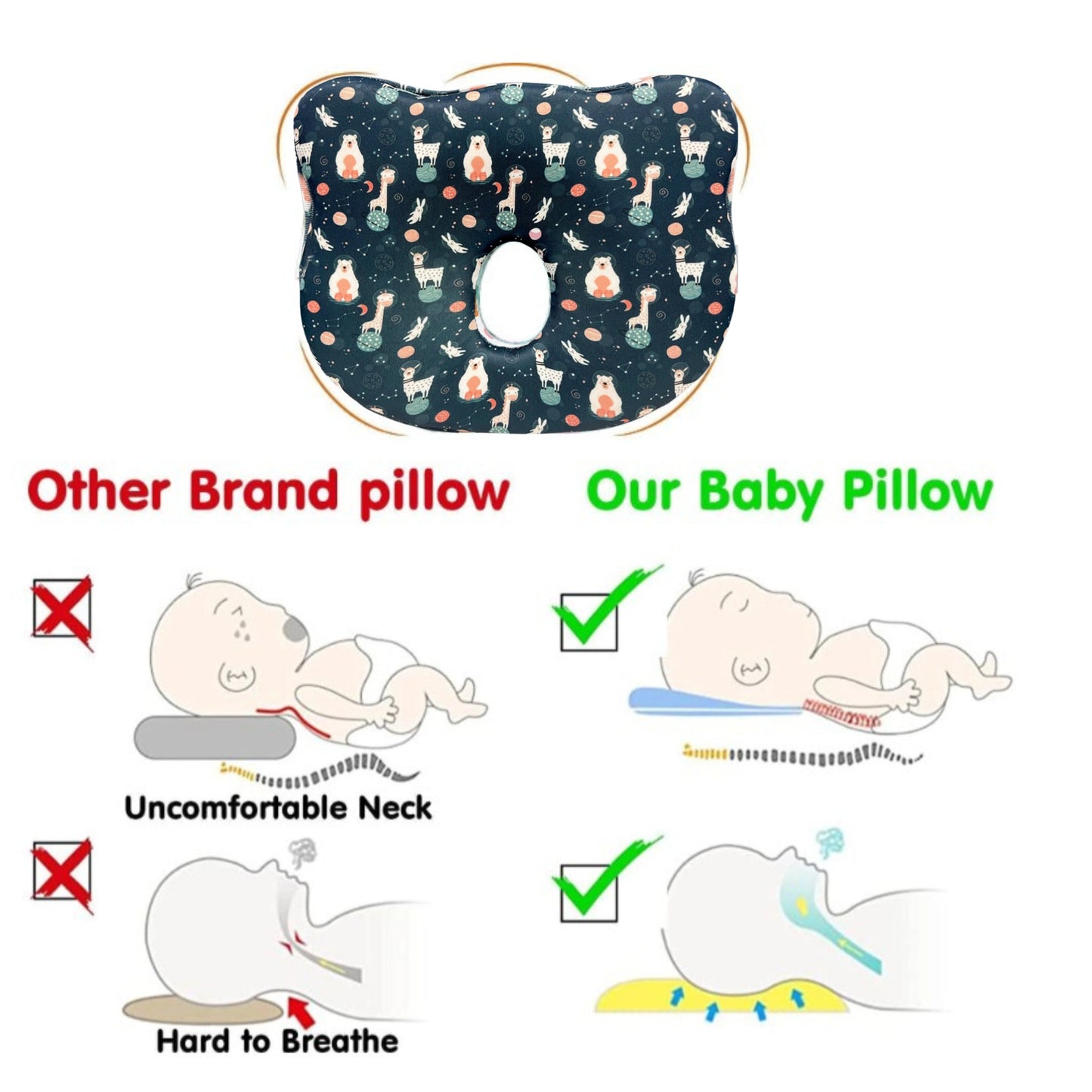 Dark Blue Space Animals Memory Foam Cotton Baby Pillow