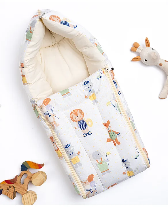 White and Cream Cotton Baby Sleeping Bag with Hood  and Zip