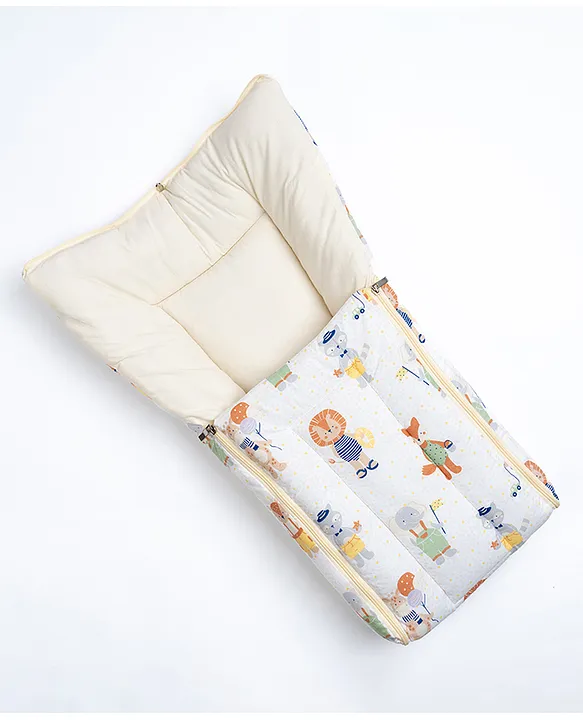 White and Cream Cotton Baby Sleeping Bag with Hood  and Zip