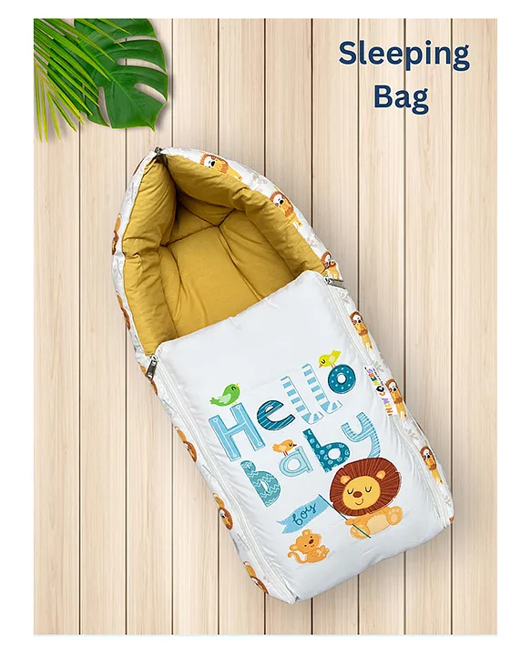 White and Mustard Yellow Cotton Baby Sleeping Bag with Hood and Zip