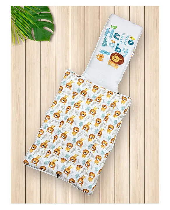 White and Mustard Yellow Cotton Baby Sleeping Bag with Hood and Zip