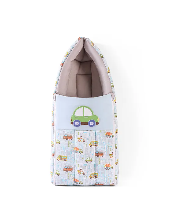 Light Blue and Taupe Baby Sleeping Bag with Hood  and Zip