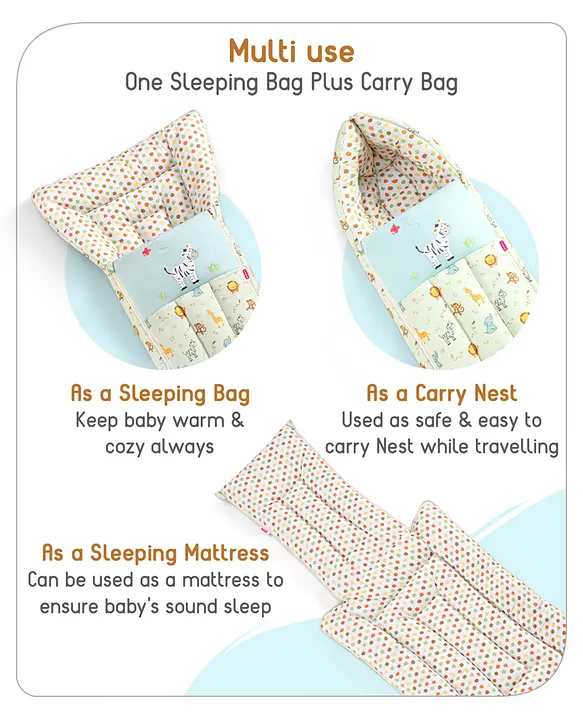 Cream and Light Blue Baby Sleeping Bag with Hood  and Zip