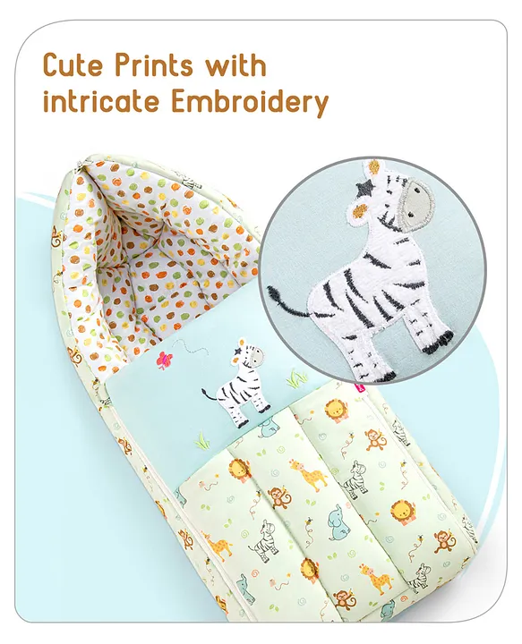 Cream and Light Blue Baby Sleeping Bag with Hood  and Zip