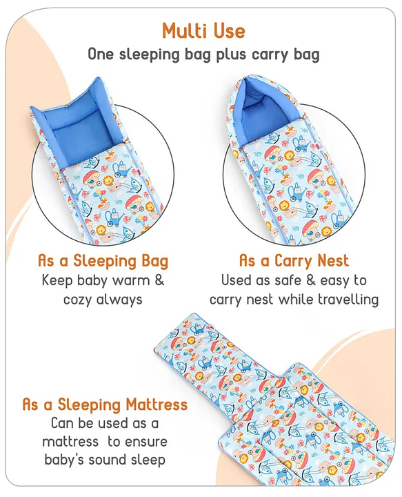 Light Blue Cotton Baby Sleeping Bag with Hood  and Zip