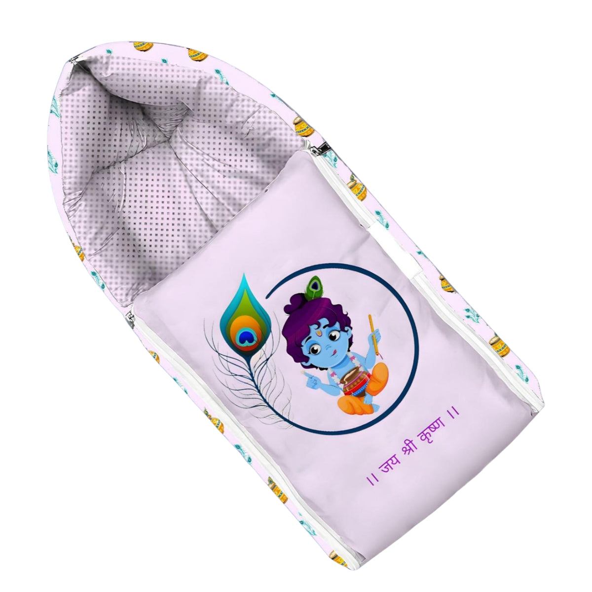 Off-White and Lavender Cotton Baby Sleeping Bag with Hood and Zip