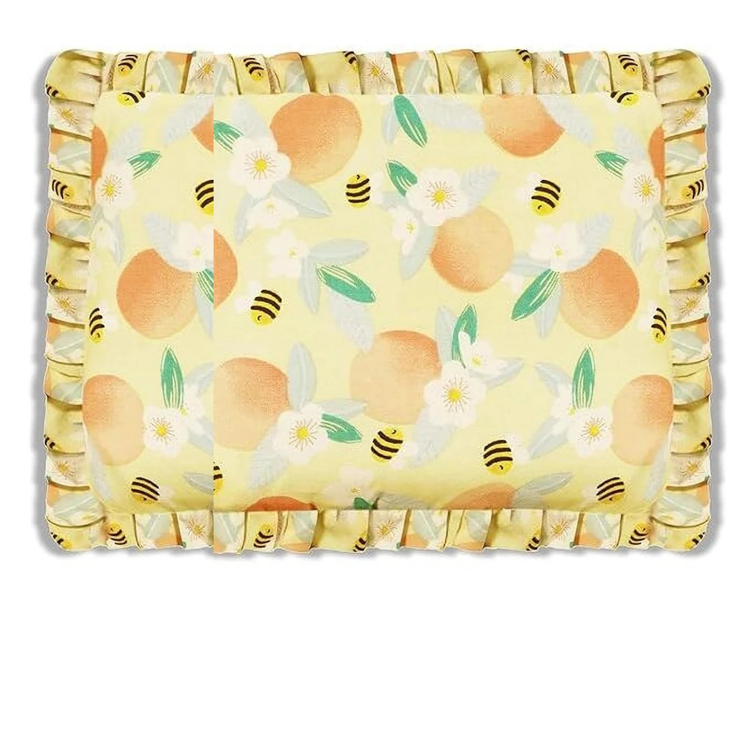 Yellow Floral and Bee Print Cotton Mustard Seed Baby Pillow with Ruffled Border