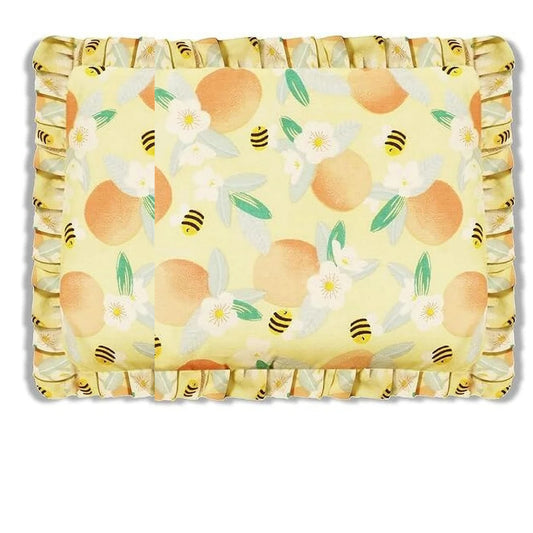 Yellow Floral and Bee Print Cotton Mustard Seed Baby Pillow with Ruffled Border