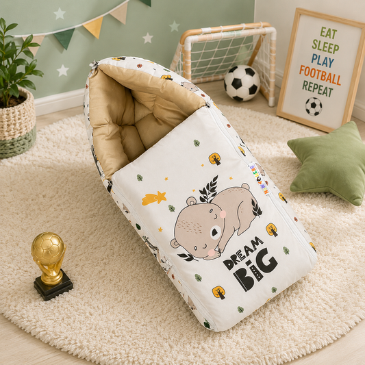 Off-White and Beige Cotton Baby Sleeping Bag with Hood and Zip