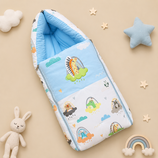 Light Blue and White Baby Sleeping Bag with Hood  and Zip