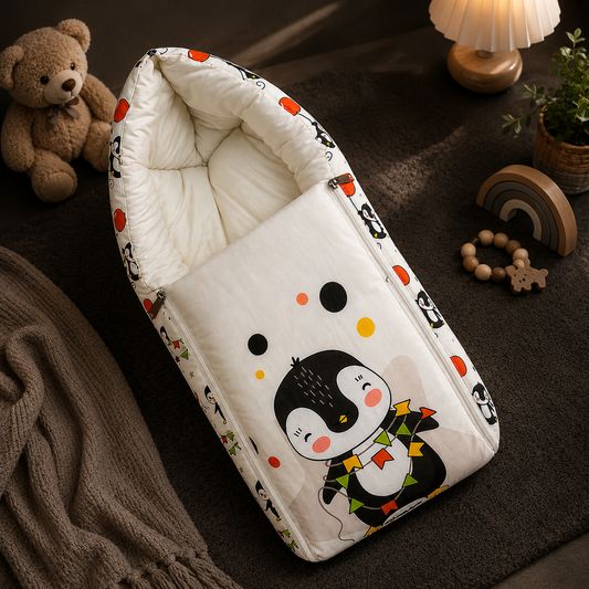 White and Off-White Cotton Baby Sleeping Bag with Hood and Zip