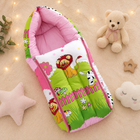 Pink and Green Cotton Baby Sleeping Bag with Hood and Zip