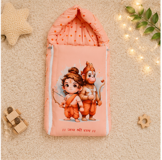 Peach and Orange Cotton Baby Sleeping Bag with Hood and Zip