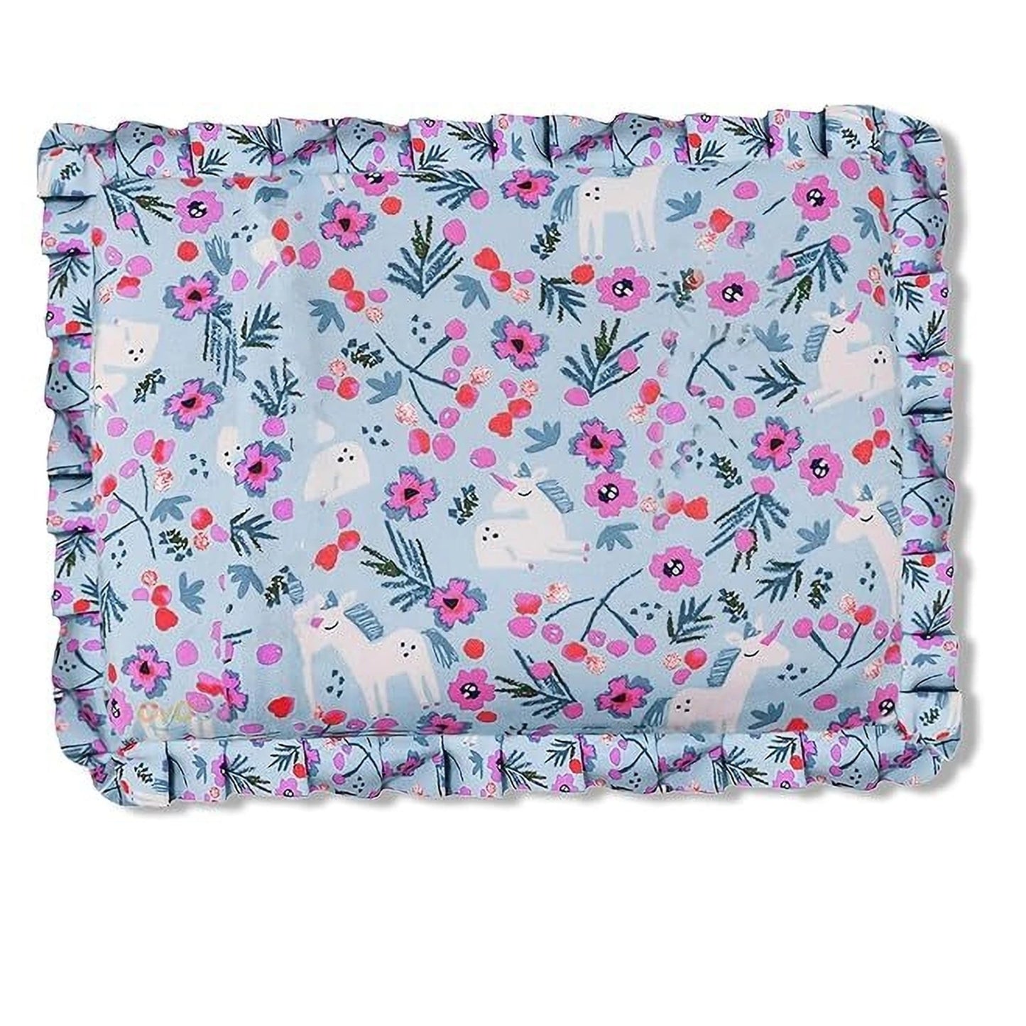 Blue Unicorn Cotton Floral Print Mustard Seed Baby Pillow with Ruffled Border