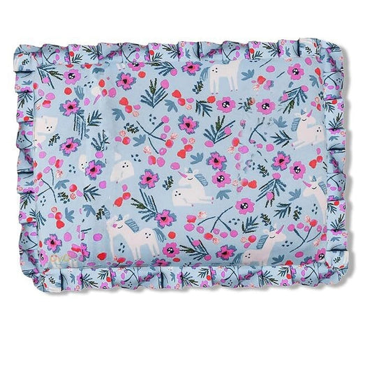 Blue Unicorn Cotton Floral Print Mustard Seed Baby Pillow with Ruffled Border