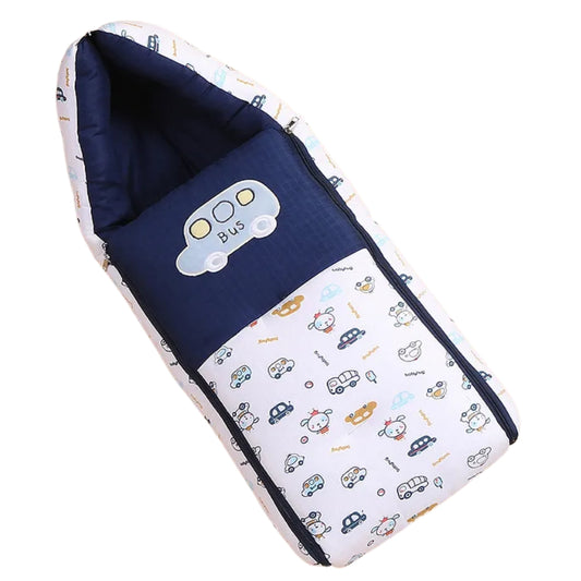 White and Navy Blue Cotton Baby Sleeping Bag with Hood and Zip