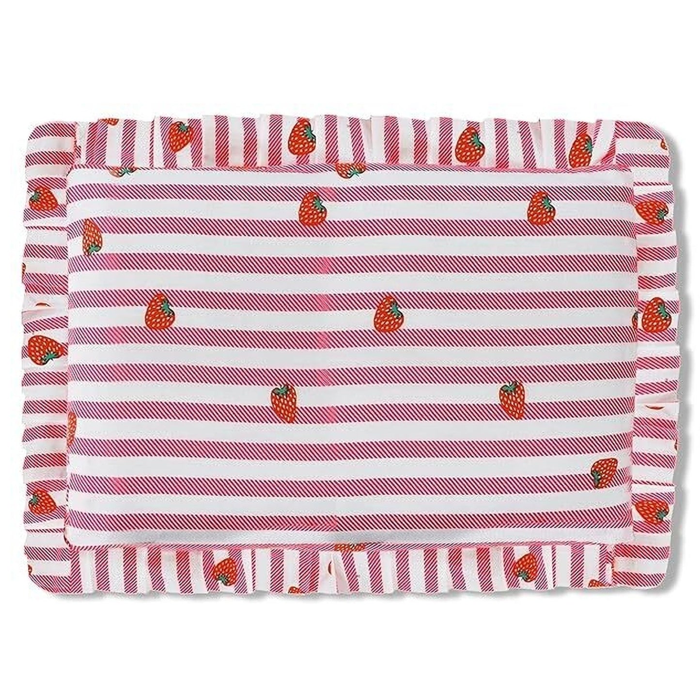 Red Strawberry and Stripe Print Cotton Mustard Seed Baby Pillow with Ruffled Border