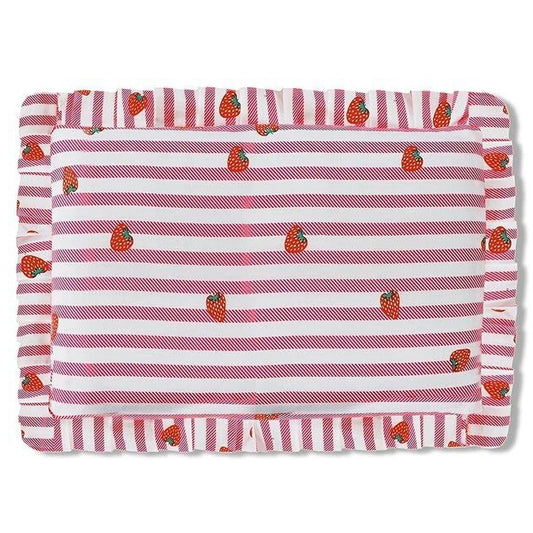 Red Strawberry and Stripe Print Cotton Mustard Seed Baby Pillow with Ruffled Border